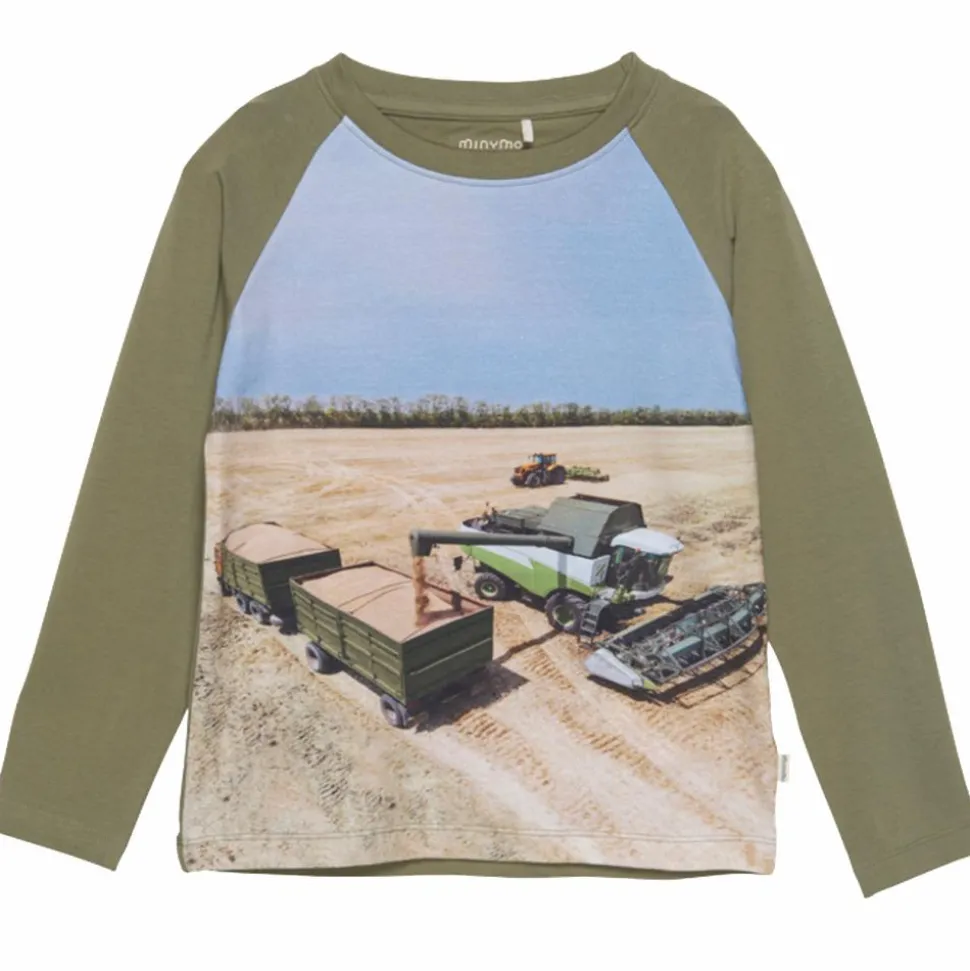 Minymo Mejetærsker Drenge Langærmet t-shirt i økologisk bomuld - Deep Lichen Green
